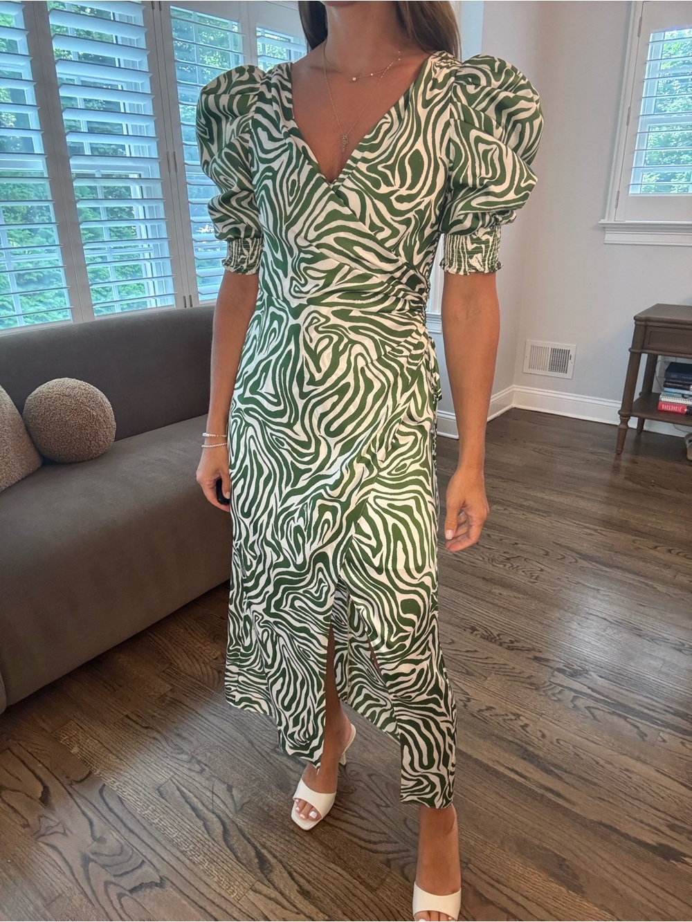 cinq a sept Green and White Zebra-Print Puff Sleeve Midi Dress